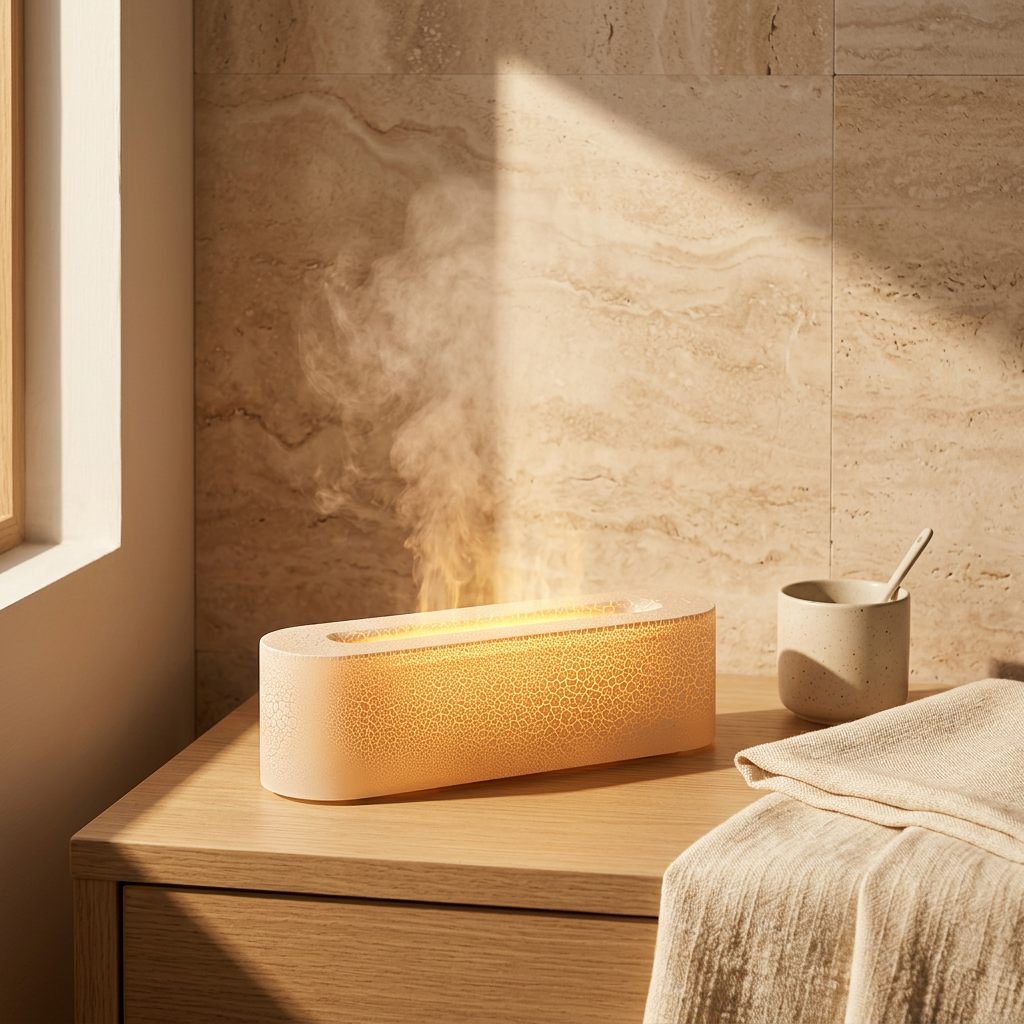 Aurelume humidifier lamp on an oak bedside table