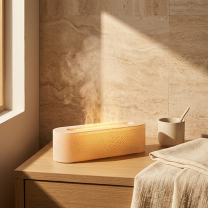 Aurelume humidifier lamp on an oak bedside table