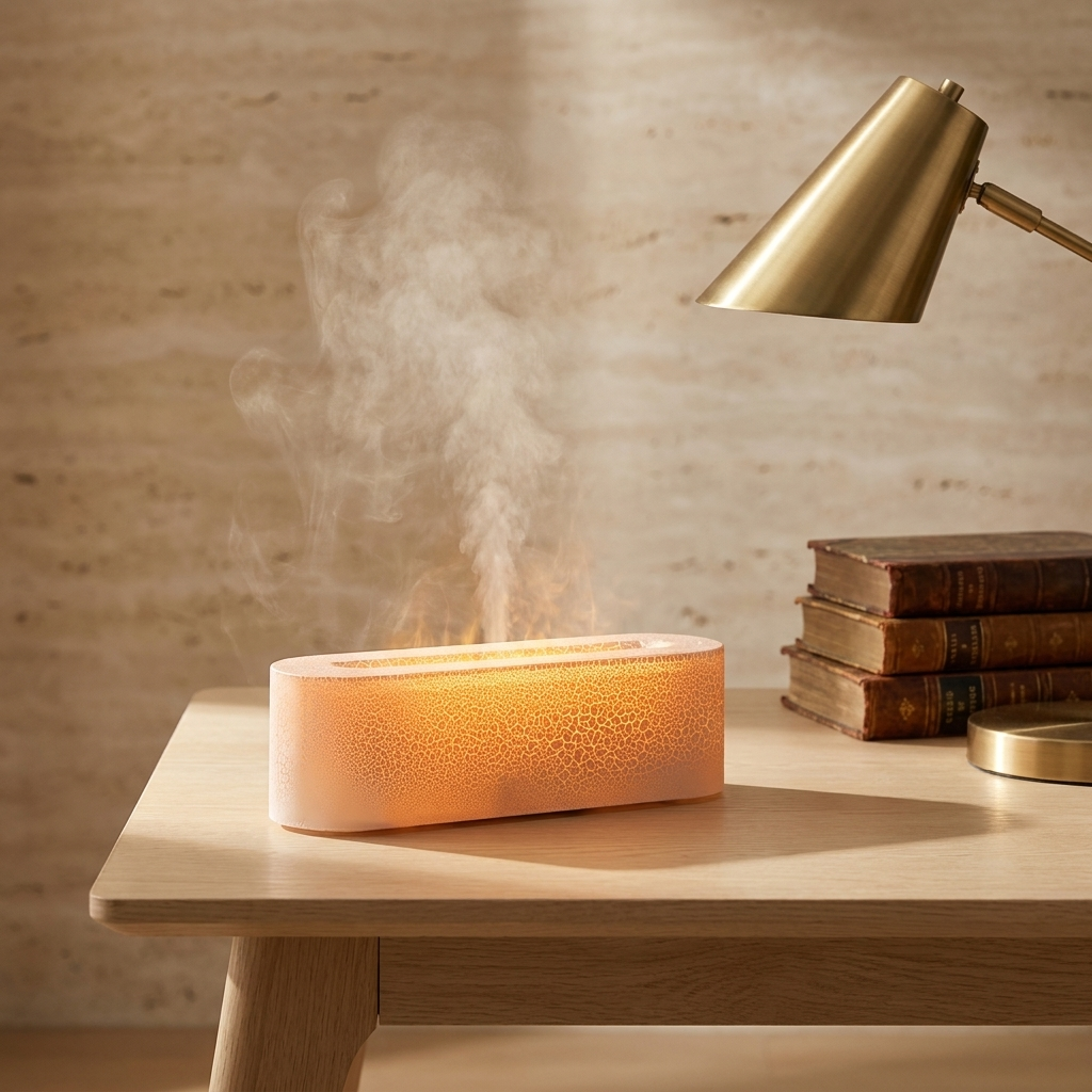 Aurelume humidifier lamp on a desk with mist rising