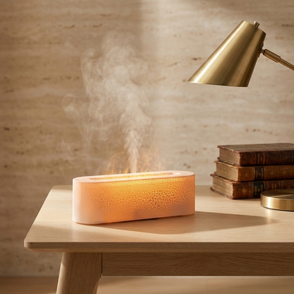 Aurelume humidifier lamp on a desk with mist rising