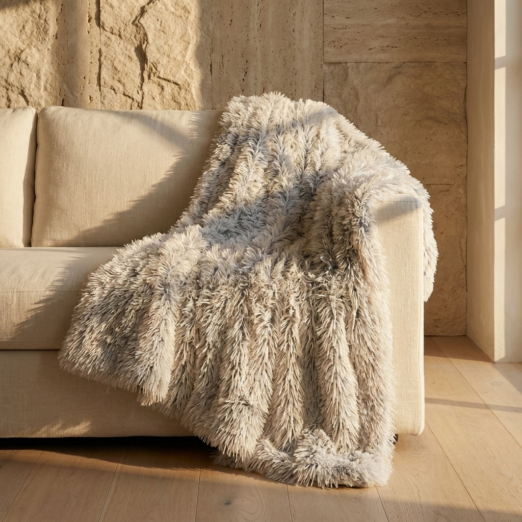 Cloudrift pet blanket draped over a linen sofa