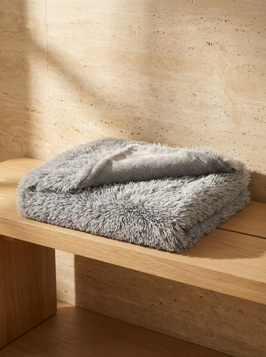 Cloudrift blanket folded on an oak bench