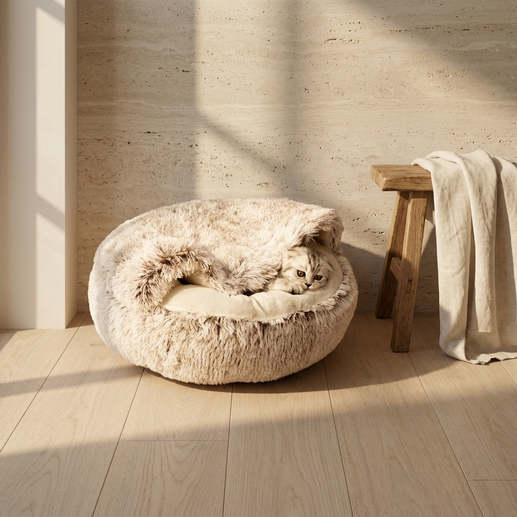Nestora pet cave bed on an oak floor