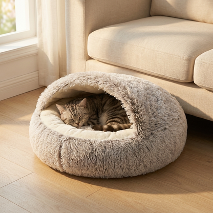 Cat resting in the Nestora pet cave bed