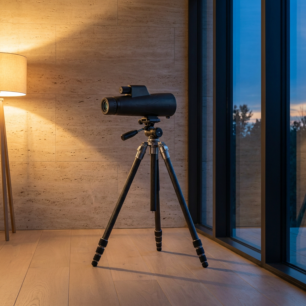 Stellavu telescope beside a window at dusk