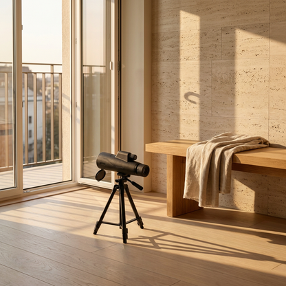 Stellavu telescope near balcony doors at golden hour