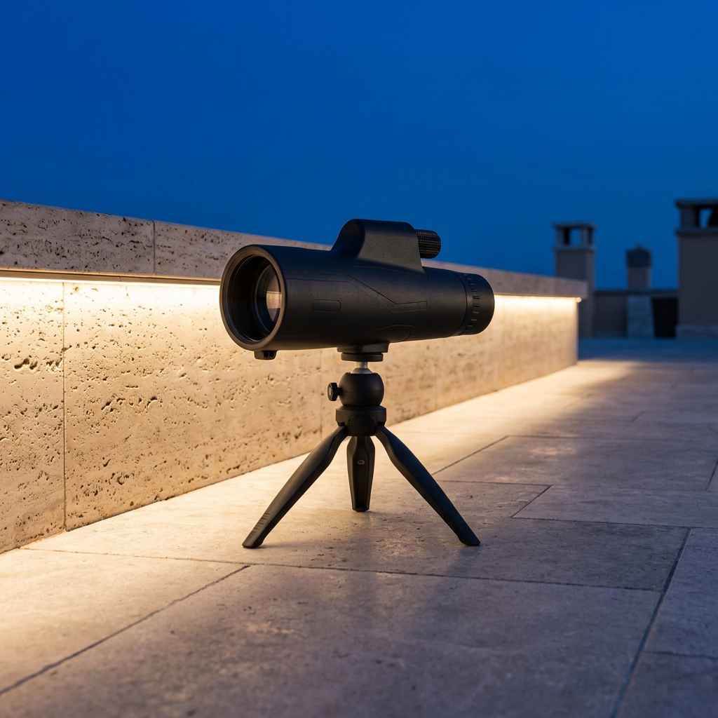 Stellavu telescope on a stone terrace at dusk