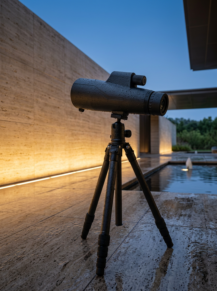 Stellavu telescope on a damp stone terrace