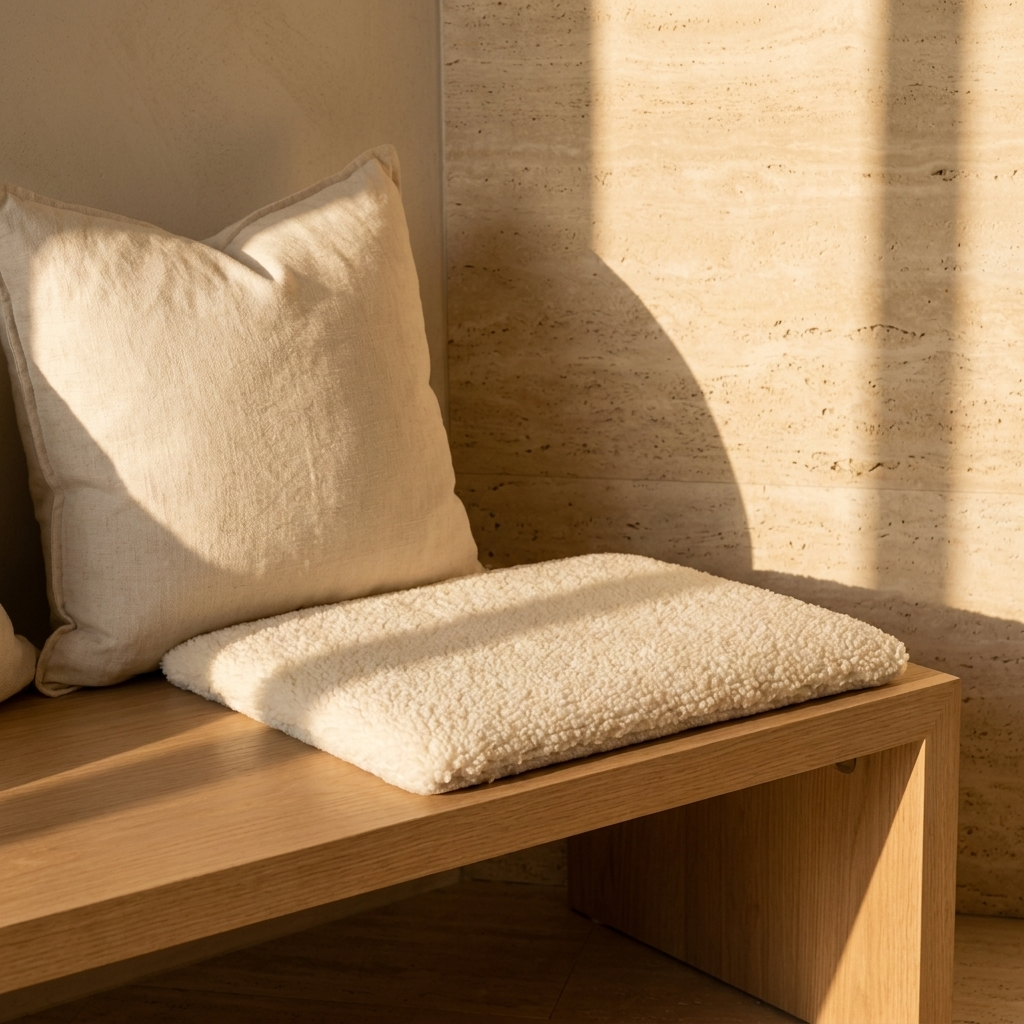 Thermara cat pad on an oak bench